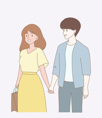 Happy couple holding hands, walking together with shopping bag. Hand drawn flat cartoon character vector illustration. 