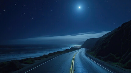 A deserted highway illuminated by the moonlight, with the road stretching into the dark distance and stars visible in the sky. --chaos