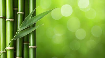 Obraz premium Sharp, green bamboo stems with soft, defocused background, designed to provide space for text in a clean, natural setting