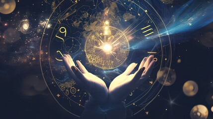 A hand is holding a golden clock with the numbers 1 to 12 on it