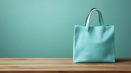 A single pastel green shopping bag with smooth handles centered on a sleek wooden table, against a plain white backdrop, warmly lit with vibrant studio lighting