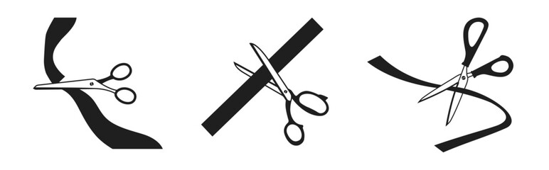 Grand opening ribbon cut with scissors cutting vector isolated on transparent background. Open ceremony. Cut ribbon sign. Grand opening scissors symbol