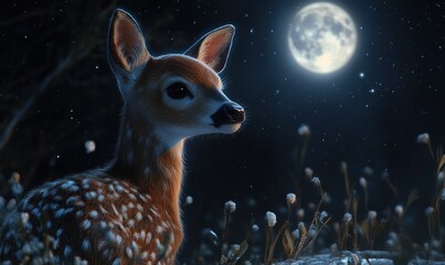 Serene Fawn Under Moonlit Sky in Tranquil Night Scene