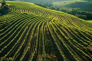 Fototapeta premium Curved rows of vines bathed in sunlight spread across a hillside, creating a mesmerizing and dynamic pattern showcasing the intricate beauty of vineyard cultivation.