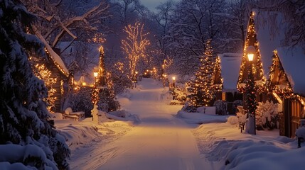 Obraz premium Enchanting Snowy Village at Night with Christmas Lights