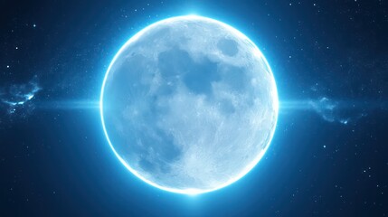 A large blue moon in the sky with a bright light surrounding it