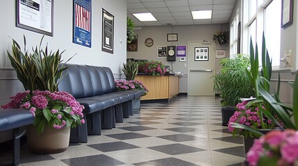 A quiet office lobby with plush seating and vibrant potted plants creates a welcoming atmosphere, featuring a checkered floor and informational displays on the walls