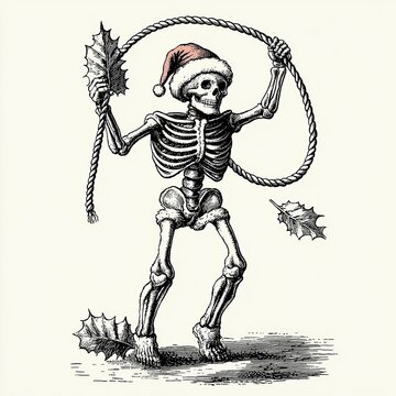 recommend clip art: Skeleton in Santa hat with rope and holly.