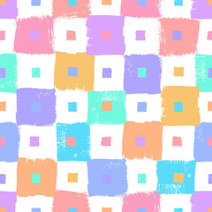 Vector checkerboard pattern. Seamless colorful brush stroke background. Checkered print, pink, purple, blue, orange, yellow and white colors. Painted ornament for kids. Rainbow motif. Childish design