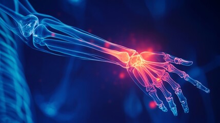 A creative representation of a human arm showcasing its skeletal structure, with vibrant highlights indicating bone joints and movements