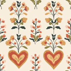 Vintage Folk Art heart motif pattern on vintage beige fabric background, seamless repeating pattern, textile print style, minimal, Folk Art design, seamless heart motif pattern, home decor, textiles
