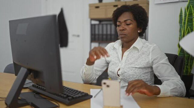 Woman removing glasses looking worried while working at desk with computer and smartphone in an office environment