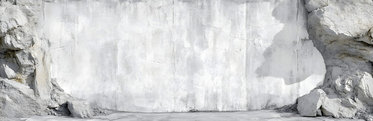 Obraz premium Panoramic grey paint limestone texture background in white light seam home wall paper. Back flat wide concrete stone table floor concept surreal granite quarry stucco surface grunge panorama landscape