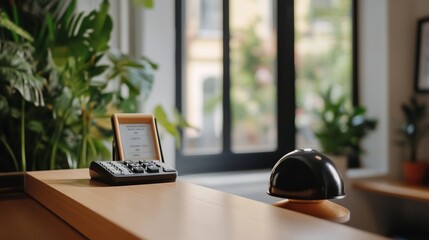 A detailed view of a modern reception area featuring a telephone and a bell amidst lush greenery