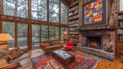 Cozy living room with large windows overlooking a serene wooded landscape, featuring a warm fireplace and eclectic decor with colorful artwork