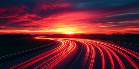 Dynamic Red Light Trails on Curved Highway at Sunset with Dramatic Sky