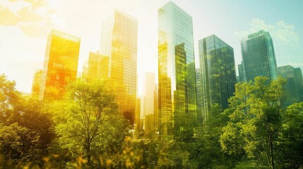 Cityscape with Glass Skyscrapers and Green Trees in Bright Sunlight