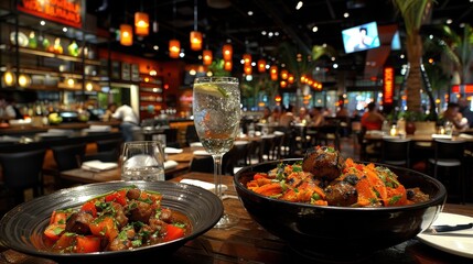 A vibrant, bustling restaurant scene features elegantly plated dishes and refreshing cocktails under ambient lighting, capturing the essence of social dining