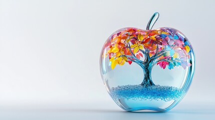 Obraz premium 3D glass apple product, with blue glaciers and colorful tree of life inside, colorful and dreamy, transparent and delicate apple shape, the leaves