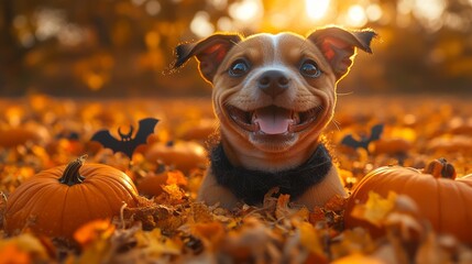 A cute dog dressed as a vampire, sitting in a pumpkin patch, surrounded by Halloween-themed props like spider webs, fake bats