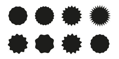 Circle sticker. Star burst shape for price. Blank sale stickers. Wavy edge promo black badges. Tags silhouettes. Flat vintage labels.