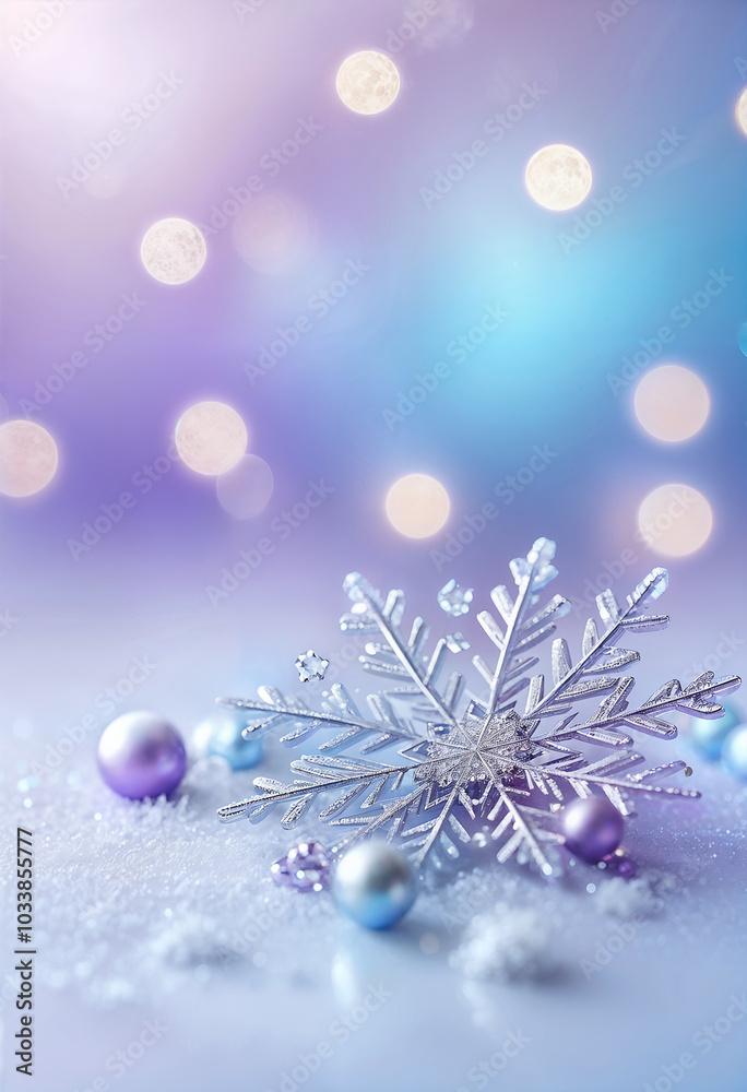 Wall mural pastel gradient blur background with snow and frost and bokeh lights, free space for text, christmas