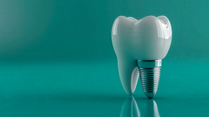Dental implant and healthy white tooth on light blue background with reflection