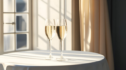Champagne glasses standing on a table with a white tablecloth.