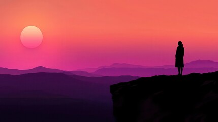 Birthday woman standing on a cliffside, watching the sunset on her 45th birthday, soft pastel skies above