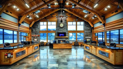 Inside view of a modern wooden architecture building featuring a spacious interior with high ceilings and large windows showcasing scenic outdoor views