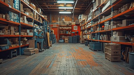 Obraz premium A well-organized warehouse aisle with neatly stocked shelves filled with various boxes and products, showcasing an efficient storage system for optimal inventory management