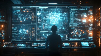 Futuristic Digital Interface with Holographic Data Visualization and Technological Display in Modern Intelligent Workspace