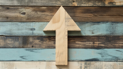 Naklejka premium A wooden business symbol in the shape of an arrow pointing upwards, placed against a wooden backdrop, symbolizing progress. --chaos