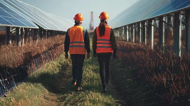 Team of two engineers wearing safety helmets and orange reflective vests walking along the path between rows of solar panels in a photovoltaic park, with a blue sky on a sunny day.