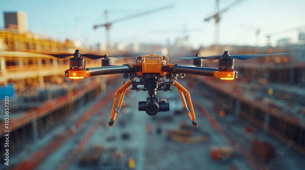 Poster a drone hovers over a construction site at sunset, capturing images of ongoing work surrounded by cr