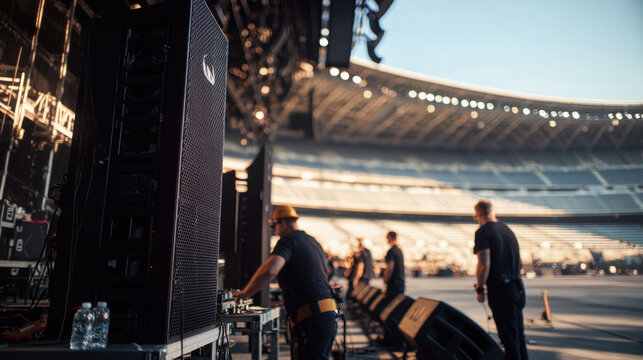 stage crew is busy assembling equipment for concert in large venue, showcasing their dedication and teamwork in preparation for exciting event