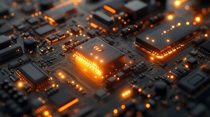 Obraz premium Glowing Circuit Board with Shining Electronic Components Against Dark Background