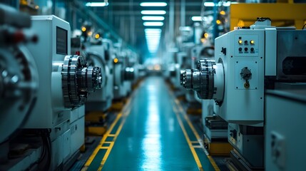 Fototapeta premium Interior view of modern industrial factory filled with various machinery and automation technology
