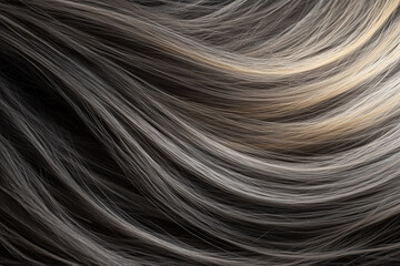 Close-up view of flowing hair strands with a mix of dark grey and light tones, showcasing texture and movement.