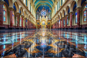 Obraz premium This magnificent architectural masterpiece features an intricately designed interior of a grand cathedral with ornate stained glass windows and exquisite arches