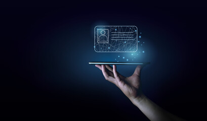 hand with smartphone showing digital ID card. Identification technology concept.