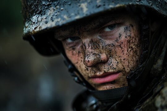 A close-up of a soldier's face covered in mud, wearing a helmet, showing determination and intensity while raindrops fall, symbolizing resilience in harsh conditions.