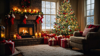 Fototapeta premium Festive Christmas background with a decorated tree, twinkling lights, snowflakes, gift boxes, and a cozy fireplace. Warm and joyful atmosphere.