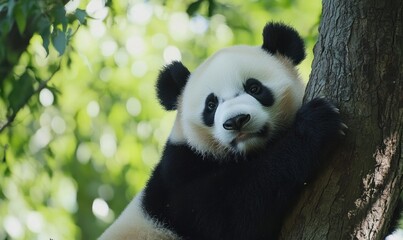 Obraz premium Adorable Panda Climbing Tree in Lush Green Forest