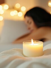A woman is sleeping with a candle lit next to her.