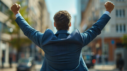 Back view of a happy businessman in a blue suit with raised arms celebrating success on a city street