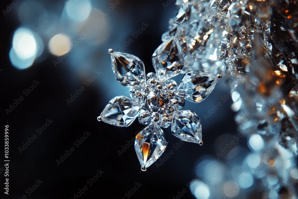 Poster intricate crystal formation resembling a snowflake, showcasing the beauty of geometric patterns and 