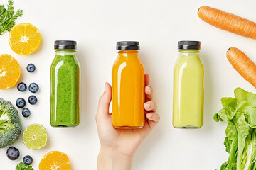 Hand holding bottles of fresh smoothies and juices against ripe fruits and vegetables on white background. Concept poster for nutrition, diet and detox advertising. Eco-friendly products, mockup