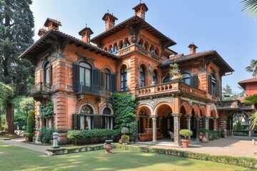 Fototapeta premium A stunning historical mansion featuring intricate architectural details and lush surroundings, showcasing the grandeur and elegance of traditional design elements