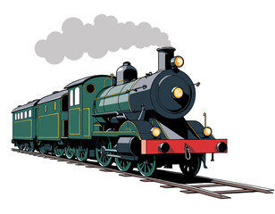 steam locomotive on a railway, isolated on a white background